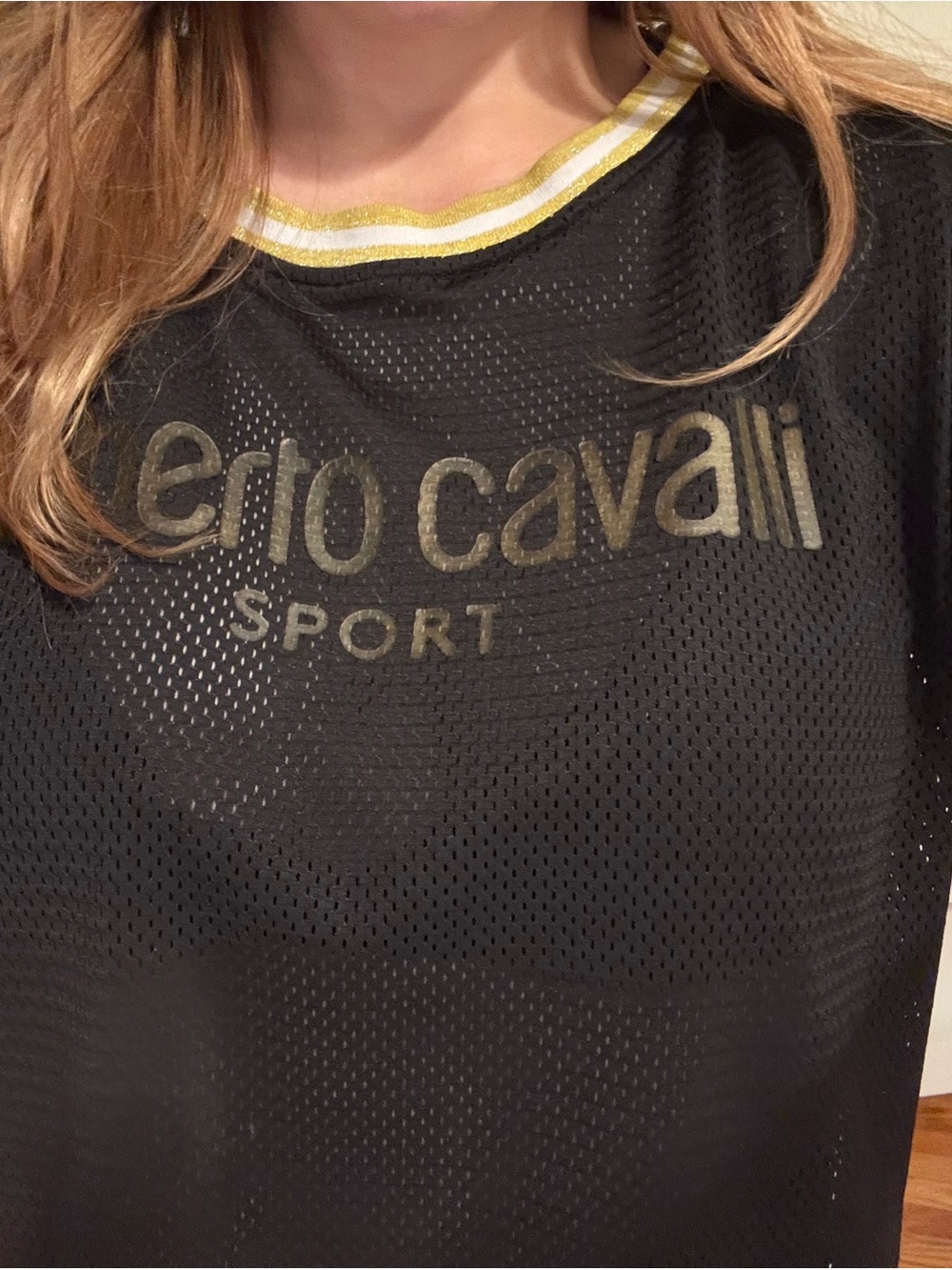 Roberto Cavalli Black Mesh Tee with Gold Logo Print